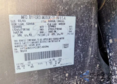 2003 Ford F250 Super Duty from USA, damaged, VIN 1FTNW21P33EC40596